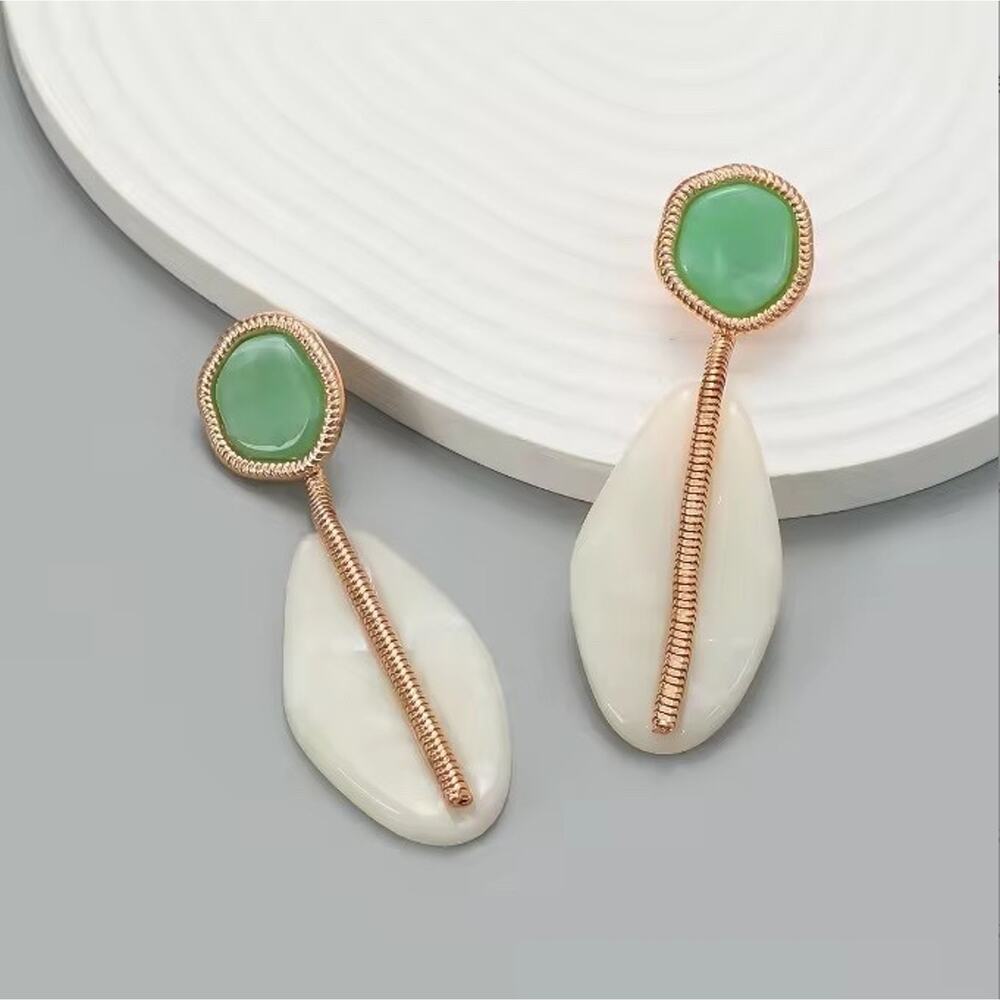 Geometric Drop Earrings Green Stone Resin Dangle Statement Gold Tone Boho